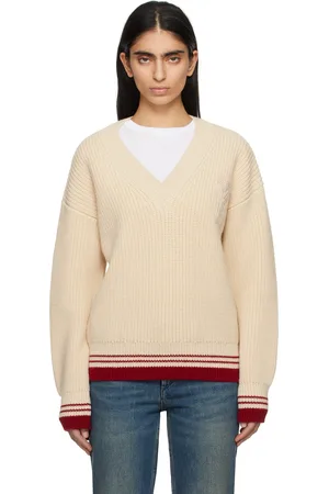 Ami Beige Wool Ribbed V Neck Sweater