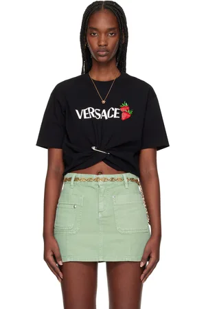 VERSACE Black Strawberry Garden Safety Pin Crop T-shirt