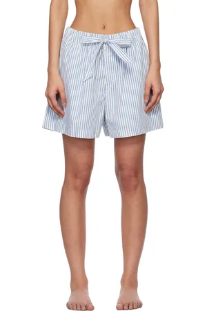 Tekla Off-White & Blue Poplin Pyjama Shorts