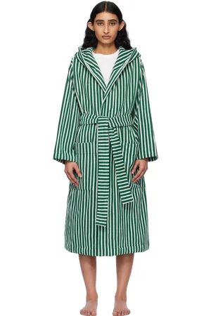 Tekla Green & White Terry Hooded Bathrobe