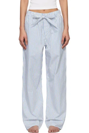 Tekla Off-White & Blue Poplin Pyjama Pants