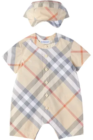 Burberry Baby Beige Check Cotton Jumpsuit & Cap Set