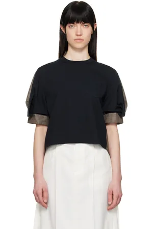 SACAI Navy & Brown Spun Organza & Cotton Jersey T-shirt