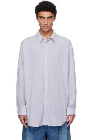 Hed Mayner Navy & White Crinkled Poplin Shirt