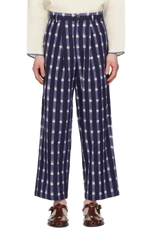 HARAGO Navy Ikat Wide Leg Pleated Trousers