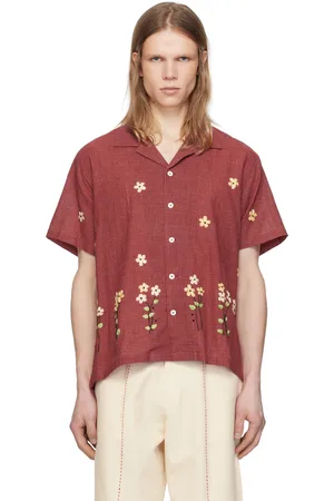 HARAGO Burgundy Embroidered Checkered Shirt