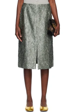 DRIES VAN NOTEN Blue Crinkled Satin Midi Skirt