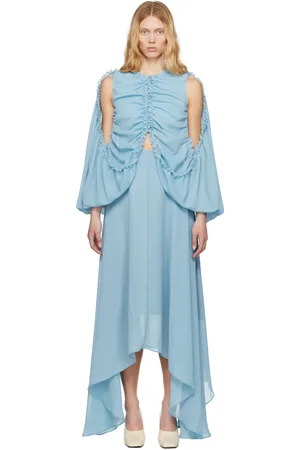 Rokh Blue Shirred Poncho Vest Midi Dress