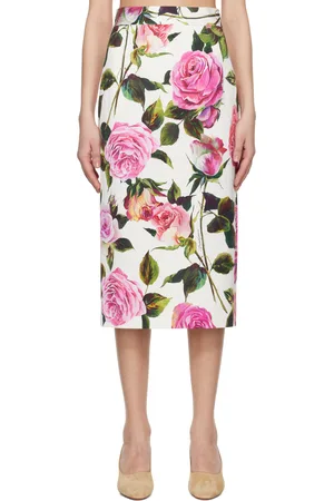 Dolce & Gabbana White Rose Printed Pencil Midi Skirt