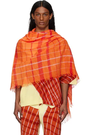 Issey Miyake Orange Plaid Stole Scarf