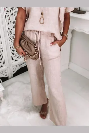 stylewe Plain Daily Pocket Stitching Casual Linen Pants