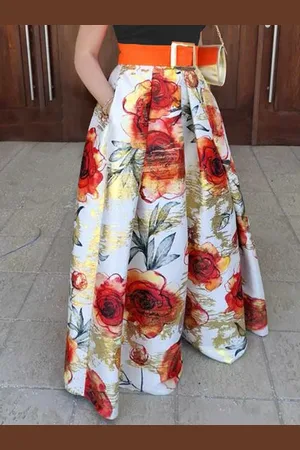 stylewe Elegant Loose Print Belt Maxi Skirt