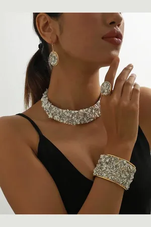 stylewe 4pcs/set Luxurious Multicolor Rhinestone Embellished Metal Choker Necklace Set