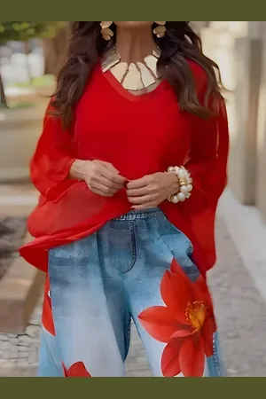 stylewe Casual V-Neck Loose Sheer Blouse