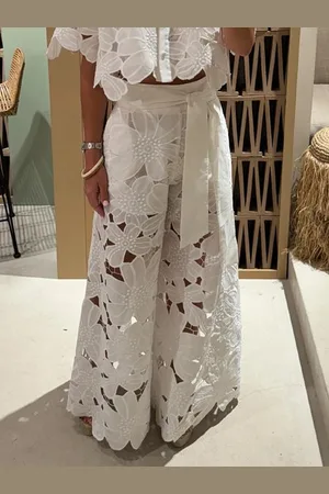 stylewe Vacation Plain Hollow Out Wide Leg Pants With Belt