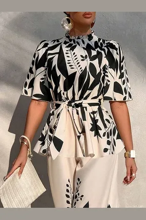 stylewe Elegant Floral Printing Lotus Leaf Collar Blouse With Belt