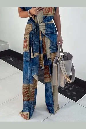 stylewe Plus Size Casual Denim Print Graphic Straight Pants