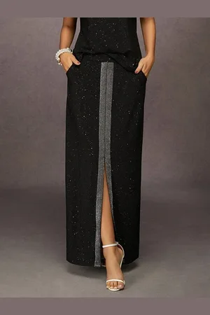 stylewe Elegant Stamped Silver Slit Maxi Skirt