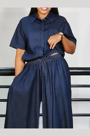 stylewe Casual Plain Shirt Collar Faux Denim Shirt
