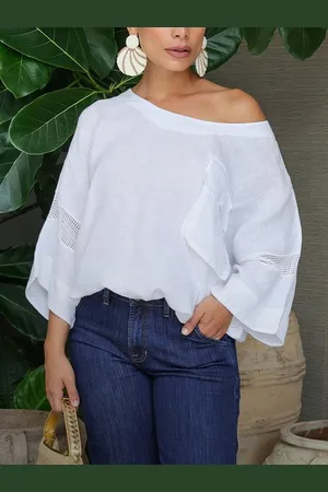 stylewe Linen Blend Casual Plain Split Joint Crew Neck Raglan Sleeves Blouse