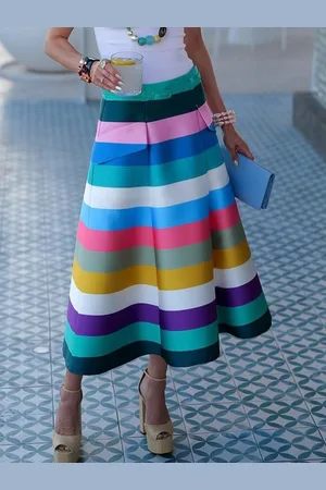 stylewe Elegant Printing Striped Maxi Skirt With Belt