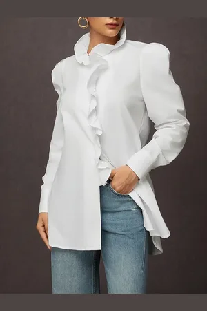 stylewe Lotus Leaf Collar Long sleeve Loose Plain Urban Blouse