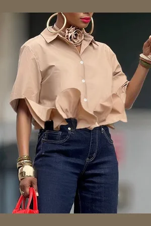 stylewe Cotton Urban Plain Shirt Collar Shirt With 3D Floral Choker