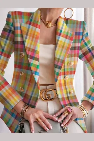 stylewe Urban Printing Plaid Buttoned Lapel Collar Blazer