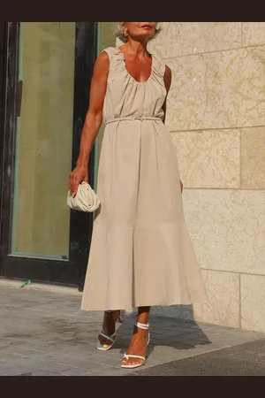 stylewe Casual Cotton And Linen Plain Distressing Midi Dress With Belt