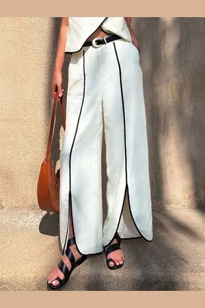stylewe Linen Blend Casual Color Block Slit Wide Leg Pants No Belt