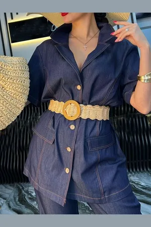 stylewe Denim Casual Plain Distressing Denim Shirts No Belt