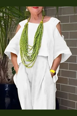 stylewe Linen Blend Casual Plain Crew Neck Off Shoulder Sleeve Blouse