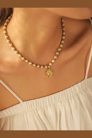 stylewe 18k gold inlaid pearl coin pendant necklace