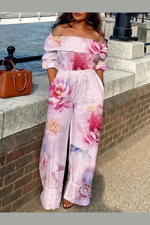 stylewe Vacation Printing Floral Cold Shoulder Jumpsuit