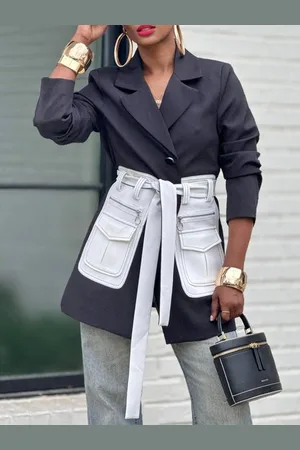 stylewe Urban Split Joint Color Block Lapel Collar Blazer With Belt