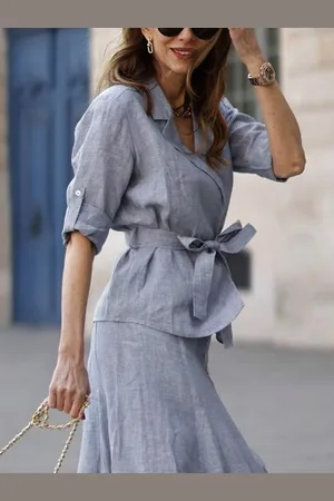 stylewe Linen Blend Urban Plain Lapel Collar Shirt With Belt