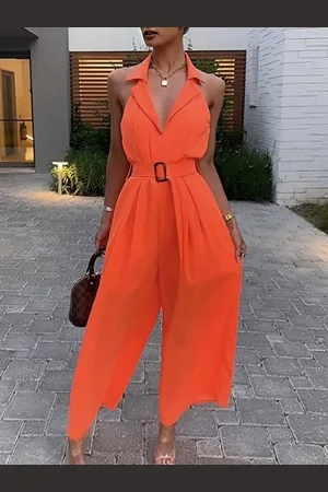stylewe Urban Plain Shawl Collar Tank Jumpsuit With Belt