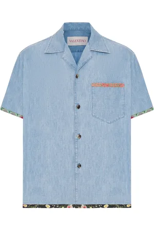 VALENTINO GARAVANI DENIM BOWLING SHIRT WITH FLORAL PRINT EDGE - - Man