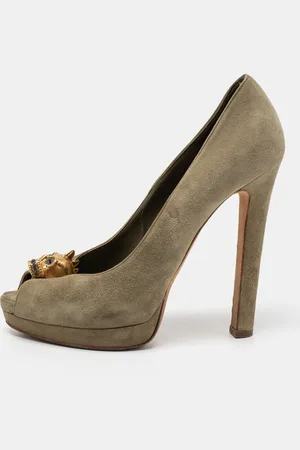 Alexander McQueen Suede Crystal Embellished Skull Peep Toe Pumps Size 38.5