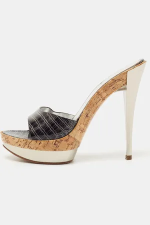 Casadei Croc Embossed Patent Leather Cork Platform Sandals Size 39