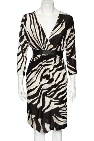Roberto Cavalli Monochrome Printed Jersey & Leather Detailed Draped Dress S