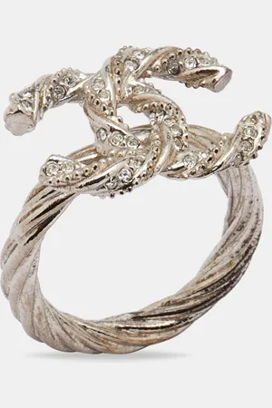 CHANEL Gunmetal Tone Crystal Embellished CC Twist Ring EU 49