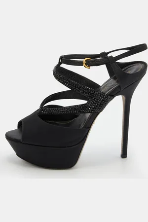 Sergio Rossi Satin and Leather Crystal Embellished Platform Sandals Size 36.5