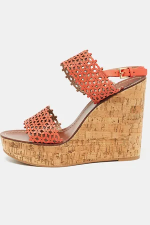 Tory Burch Perforated Leather Daisy Cork Wedge Sandals Size 41.5