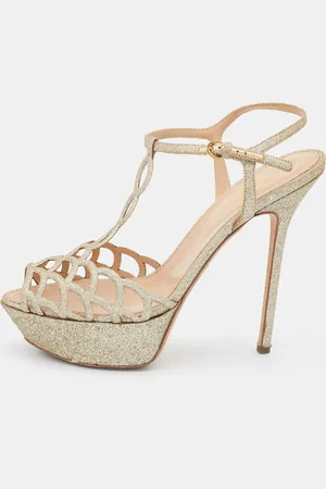 Sergio Rossi Glitter Leather Laser Cut Out Platform Sandals Size 40