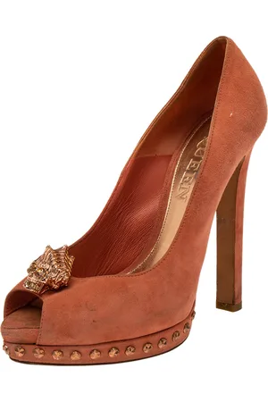 Alexander McQueen Suede Skull Embellished Peep Toe Pumps Size 38