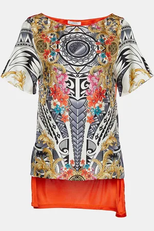 VERSACE Printed Silk & Jersey Hi-Low Hem Top S