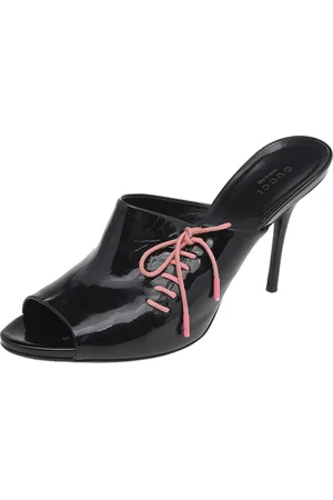 Gucci Patent Leather Lace Up Detail Peep Toe Mules Size 39