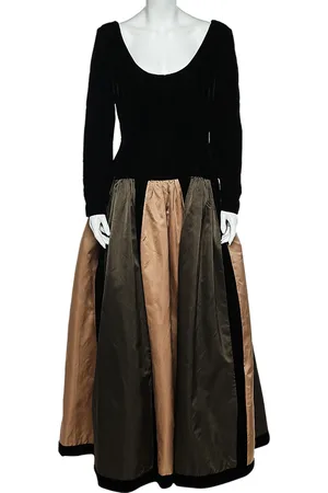 Oscar de la Renta Colorblock Silk & Velvet Long Sleeve Evening Gown L