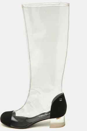 CHANEL /Black PVC and Grosgrain Knee High Boots Size 38.5